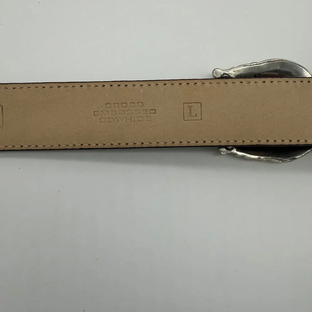 Fossil Brown Croco Embossed Leather Western Belt Silver Ornate Buckle Large